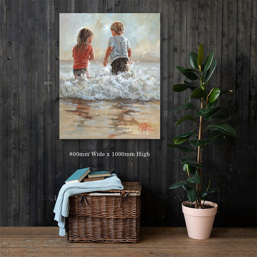 Into the Waves — two children running into the ocean waves by Maria Magdalena Oosthuizen, 800 x 1000mm original shown on a dark wood wall | original art for the home | House of Maria