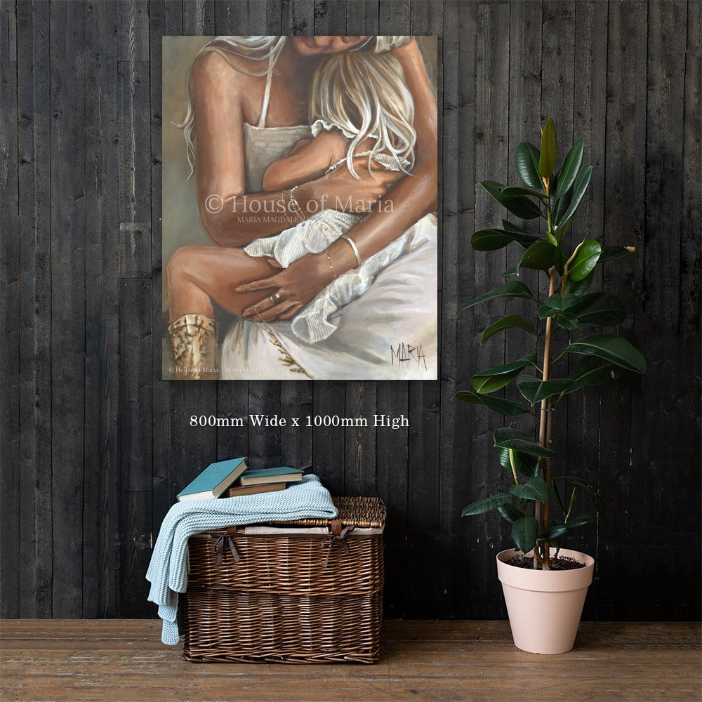 Safe in Her Arms — a mother holding her little girl close on her lap by Maria Magdalena Oosthuizen, 800 x 1000mm original shown on a dark wood wall | original art for the home | House of Maria
