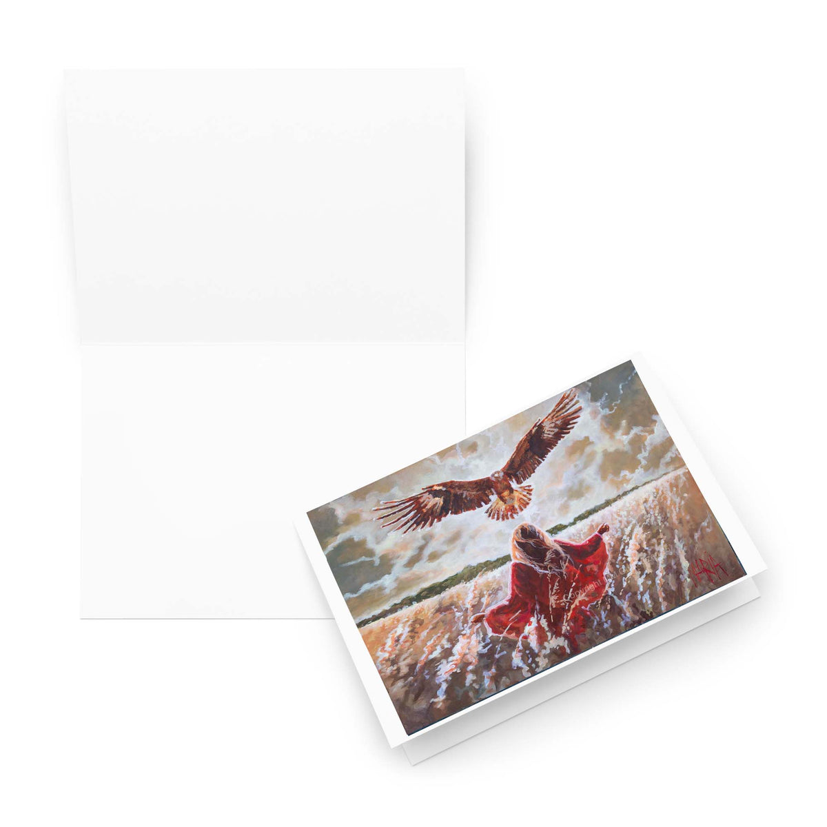 Rising Above the Serpent — blank greeting card open inside, Woman Worthy 2026 artwork by Maria Magdalena Oosthuizen | Christian card with envelope | House of Maria