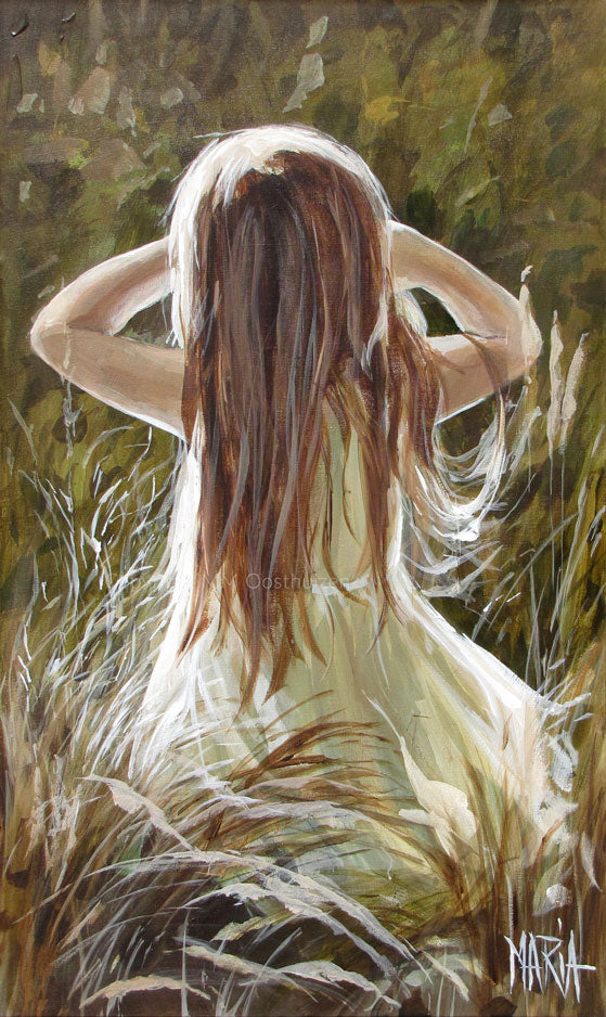 Here is a description of the acrylic painting "House of Maria A3 fine art print" by Maria Oosthuizen:
This is an impressionistic acrylic painting depicting a young girl from the back, standing amidst tall grass. The color palette is predominantly muted greens, browns, and whites, creating a soft and dreamy atmosphere. The girl's hair is long and flowing, a mix of light brown and white highlights, cascading down her back. She is wearing a simple, light-colored dress that blends with the surrounding foliage.