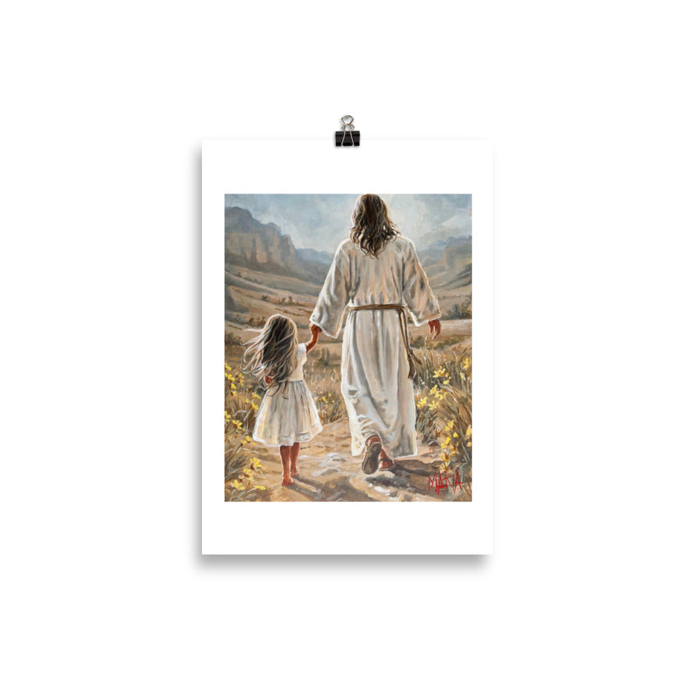 The Way Home — A4 paper print with white border, Jesus and a little girl walking home by Maria Magdalena Oosthuizen | faith wall art | House of Maria