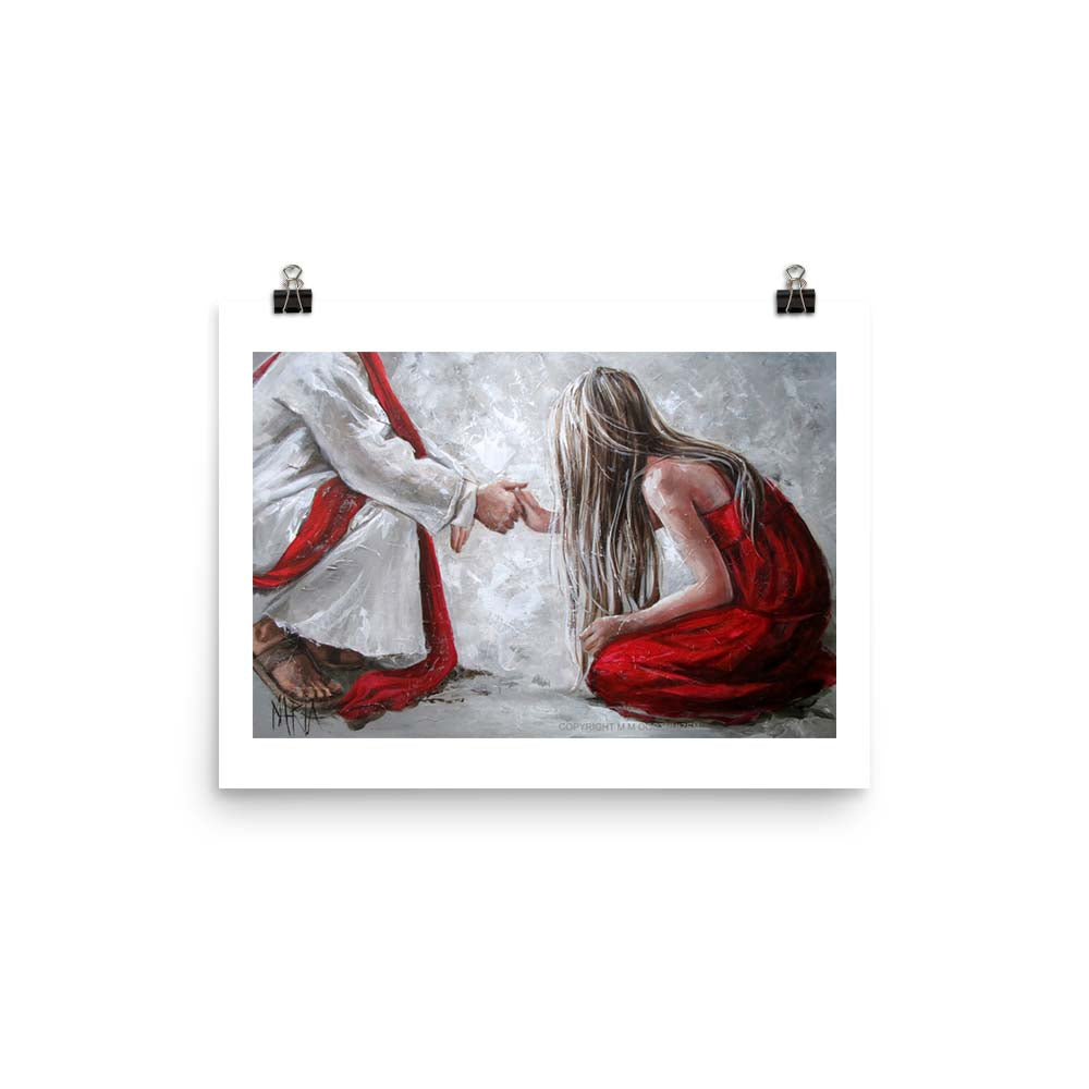 Forgiven fine art print, Christian spiritual artwork with red and beige tones, A3 size, House of Maria Magdalena Oosthuizen.