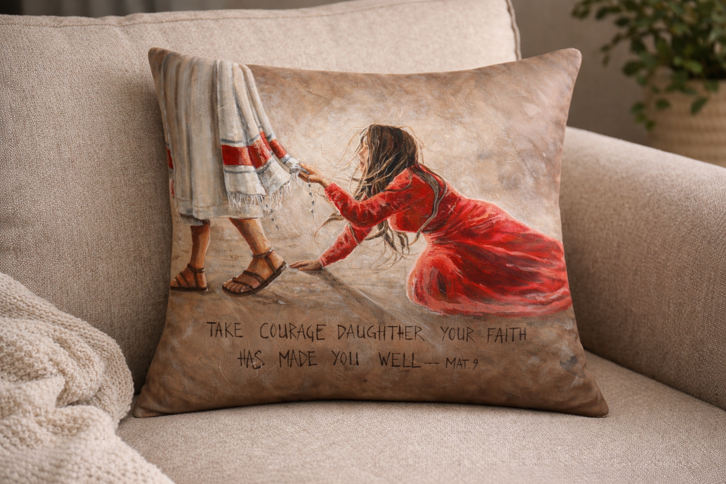 Touching the hem of Jesus| Velvet Scatter Cushion