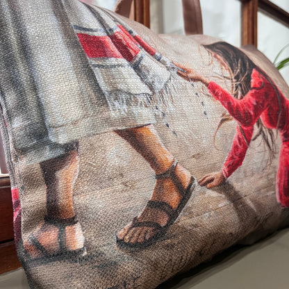 Textile with a printed design of a person in a red outfit and sandals on a neutral background. Thick padded faith cushion for church and home altar
