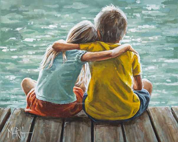Two people sitting on a dock by a body of water, embracing.created by Maria from House of Maria