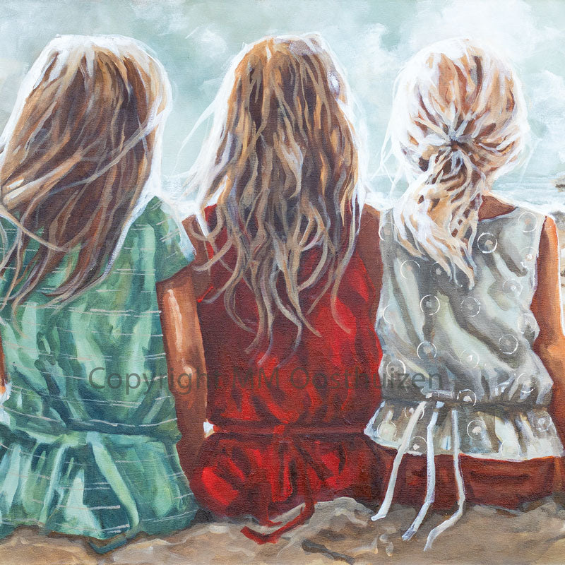 Seaside Whispers canvas print by House of Maria — three sisters sitting on the beach looking out at the ocean — fine art beach canvas print
