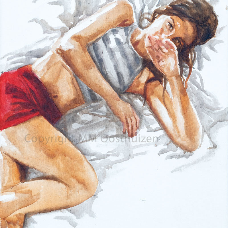 Original framed Christian artwork Selah by Maria Oosthuizen, showing a reclining woman resting peacefully in soft white space, symbolizing reflection and calm.