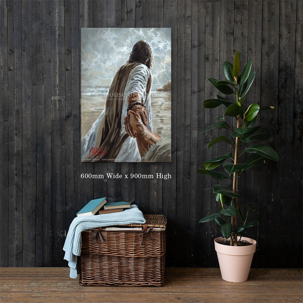 Prodigal Son — Jesus reaching back and holding a hand, leading toward the light by Maria Magdalena Oosthuizen, 600 x 900mm canvas print on a dark wood wall | canvas print wall art | House of Maria