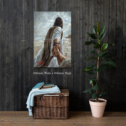Prodigal Son — Jesus reaching back and holding a hand, leading toward the light by Maria Magdalena Oosthuizen, 600 x 900mm canvas print on a dark wood wall | canvas print wall art | House of Maria