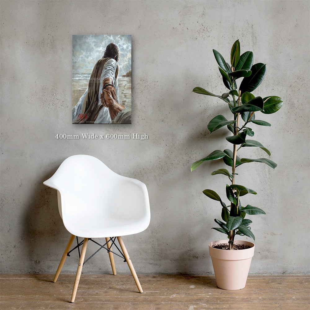 Prodigal Son — Jesus reaching back and holding a hand, leading toward the light by Maria Magdalena Oosthuizen, 400 x 600mm canvas print on a grey wall | canvas print wall art | House of Maria