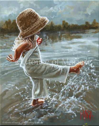 Lost in the Moment — a little girl in a straw hat splashing barefoot in the water by Maria Magdalena Oosthuizen, full view of the artwork | fine art painting | House of Maria