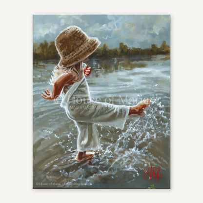 Lost in the Moment — a little girl in a straw hat splashing barefoot in the water by Maria Magdalena Oosthuizen, original painting | children's fine art | House of Maria