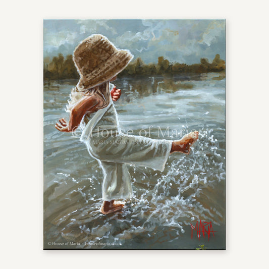 Lost in the Moment — a little girl in a straw hat splashing barefoot in the water by Maria Magdalena Oosthuizen, original painting | children's fine art | House of Maria