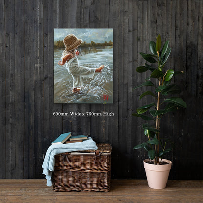 Lost in the Moment — a little girl in a straw hat splashing barefoot in the water by Maria Magdalena Oosthuizen, 600 x 760mm original shown on a dark wood wall | original art for the home | House of Maria