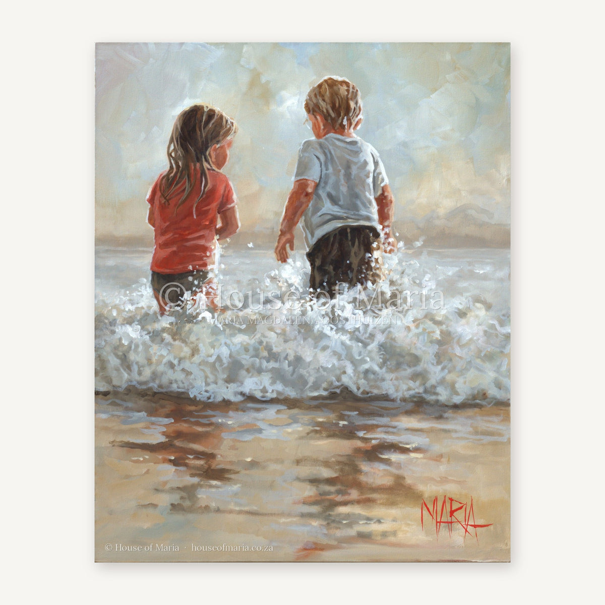 Into the Waves — two children running into the ocean waves by Maria Magdalena Oosthuizen, original painting | beach wall art | House of Maria
