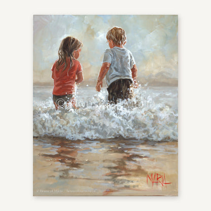 Into the Waves — two children running into the ocean waves by Maria Magdalena Oosthuizen, original painting | beach wall art | House of Maria