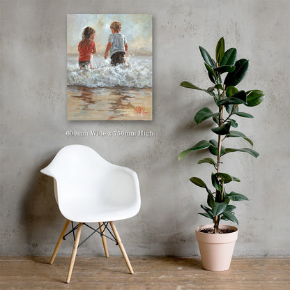 Into the Waves — two children running into the ocean waves by Maria Magdalena Oosthuizen, 600 x 750mm canvas print on a grey wall | canvas print wall art | House of Maria