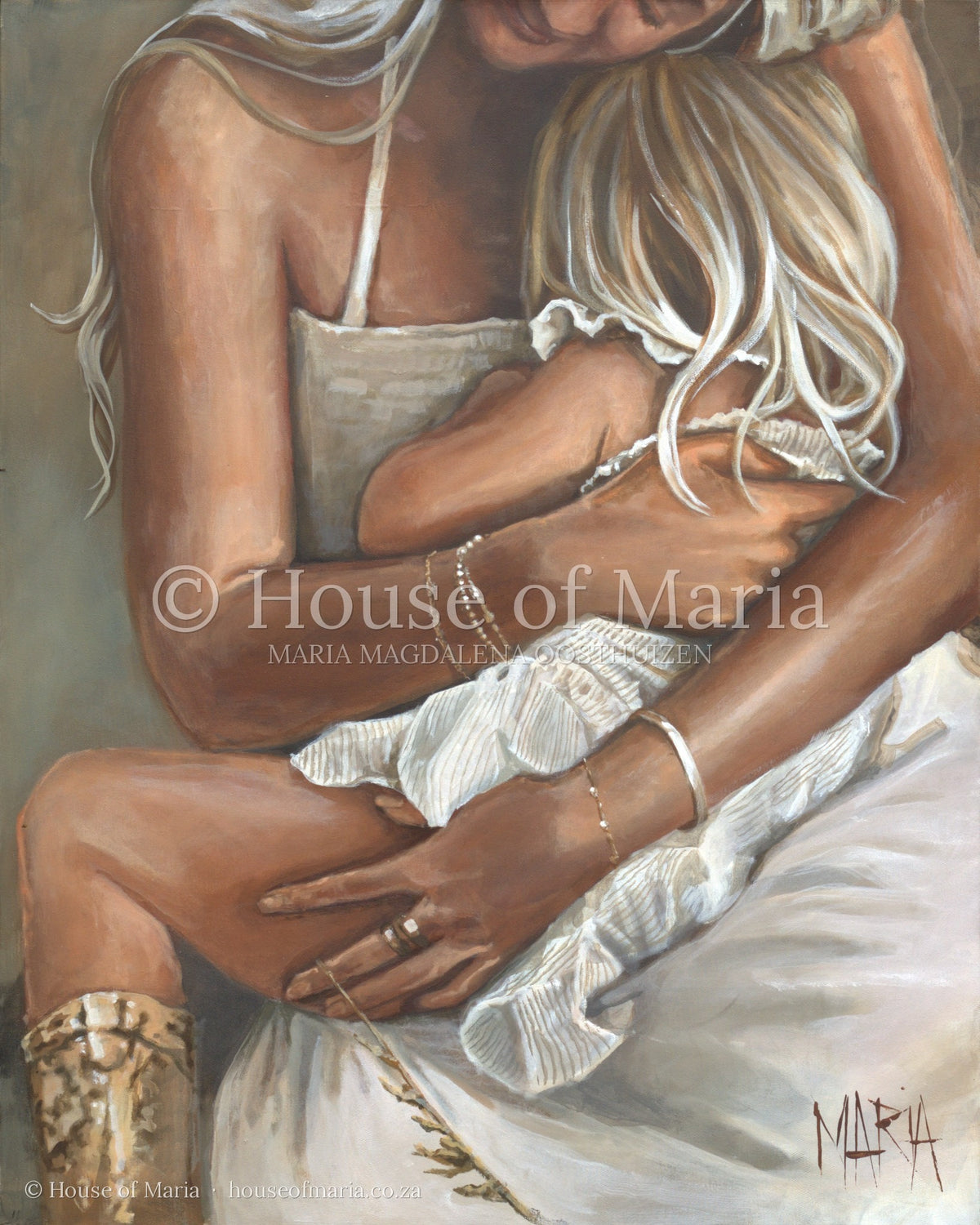 Safe in Her Arms — a mother holding her little girl close on her lap by Maria Magdalena Oosthuizen, full view of the artwork | fine art painting | House of Maria