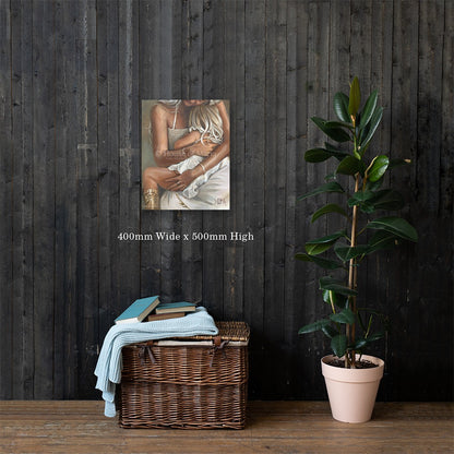 Safe in Her Arms — a mother holding her little girl close on her lap by Maria Magdalena Oosthuizen, 400 x 500mm canvas print on a dark wood wall | canvas print wall art | House of Maria