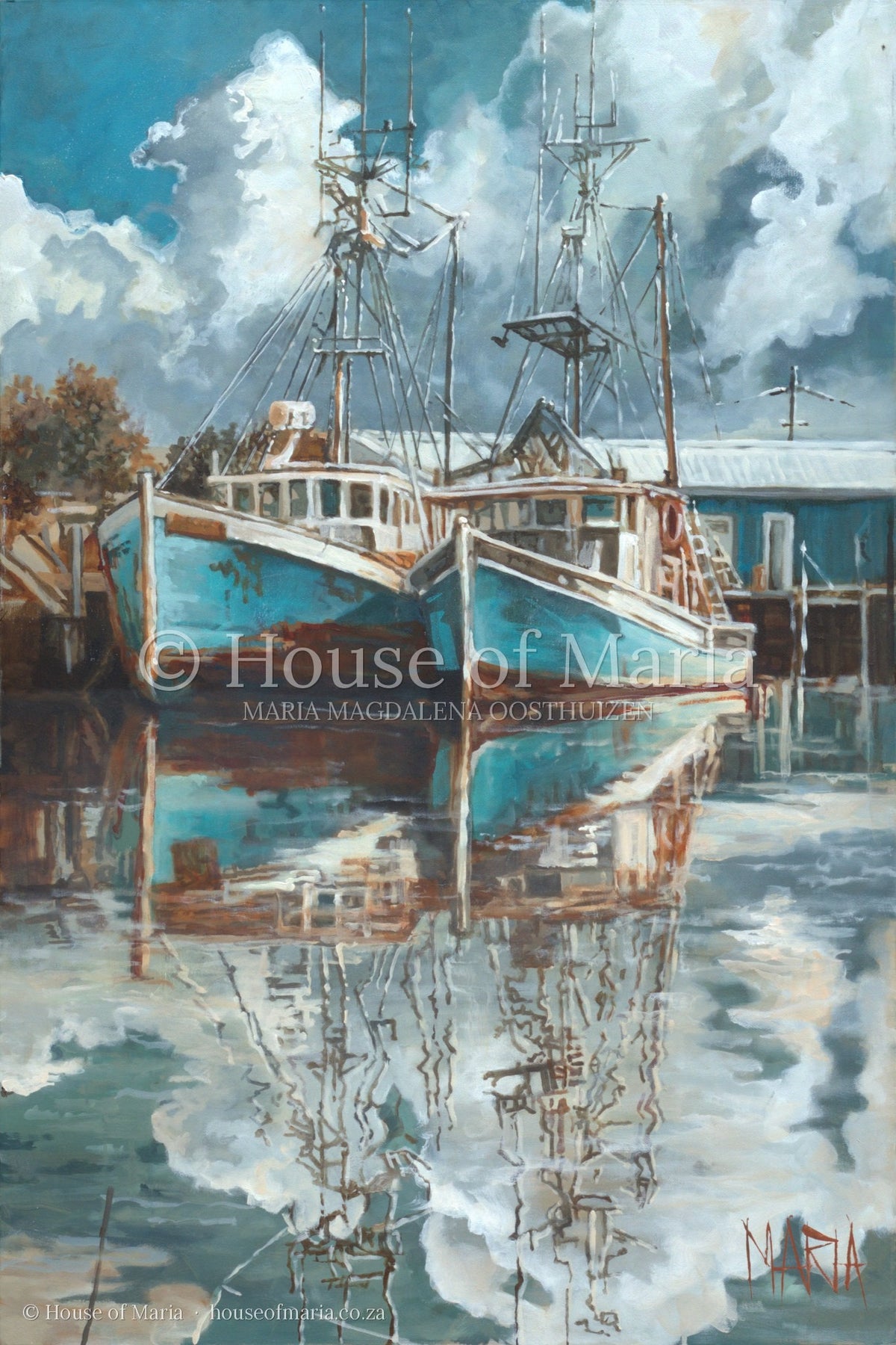 Beyond the Shore — two turquoise fishing boats reflected in a still harbour by Maria Magdalena Oosthuizen, full view of the artwork | fine art painting | House of Maria