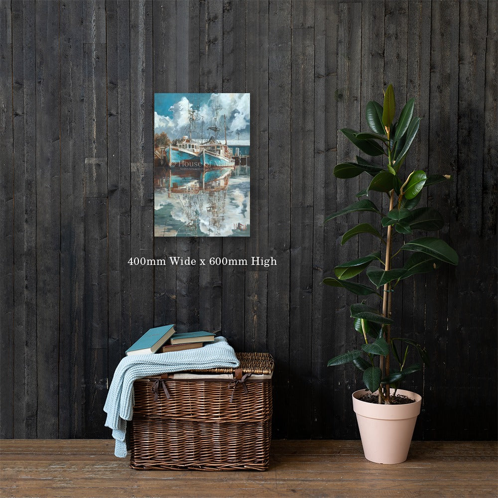 Beyond the Shore — two turquoise fishing boats reflected in a still harbour by Maria Magdalena Oosthuizen, 400 x 600mm canvas print on a dark wood wall | canvas print wall art | House of Maria
