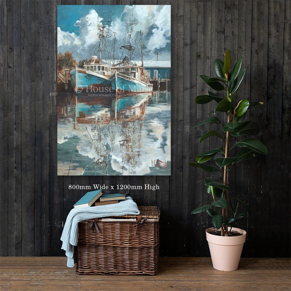 Beyond the Shore — two turquoise fishing boats reflected in a still harbour by Maria Magdalena Oosthuizen, 800 x 1200mm canvas print on a dark wood wall | canvas print wall art | House of Maria