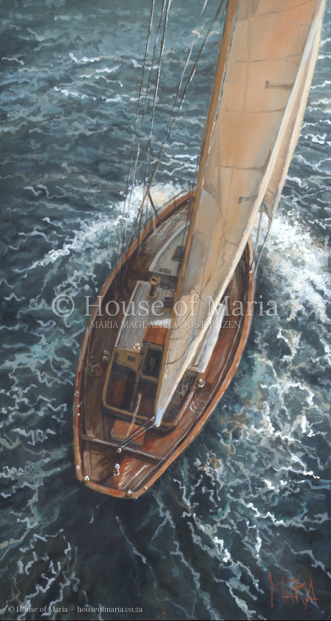 Oceans of Grace — a wooden sailboat under full sail seen from above by Maria Magdalena Oosthuizen, full view of the artwork | fine art painting | House of Maria