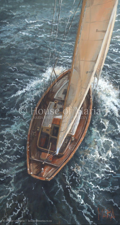 Oceans of Grace — a wooden sailboat under full sail seen from above by Maria Magdalena Oosthuizen, full view of the artwork | fine art painting | House of Maria