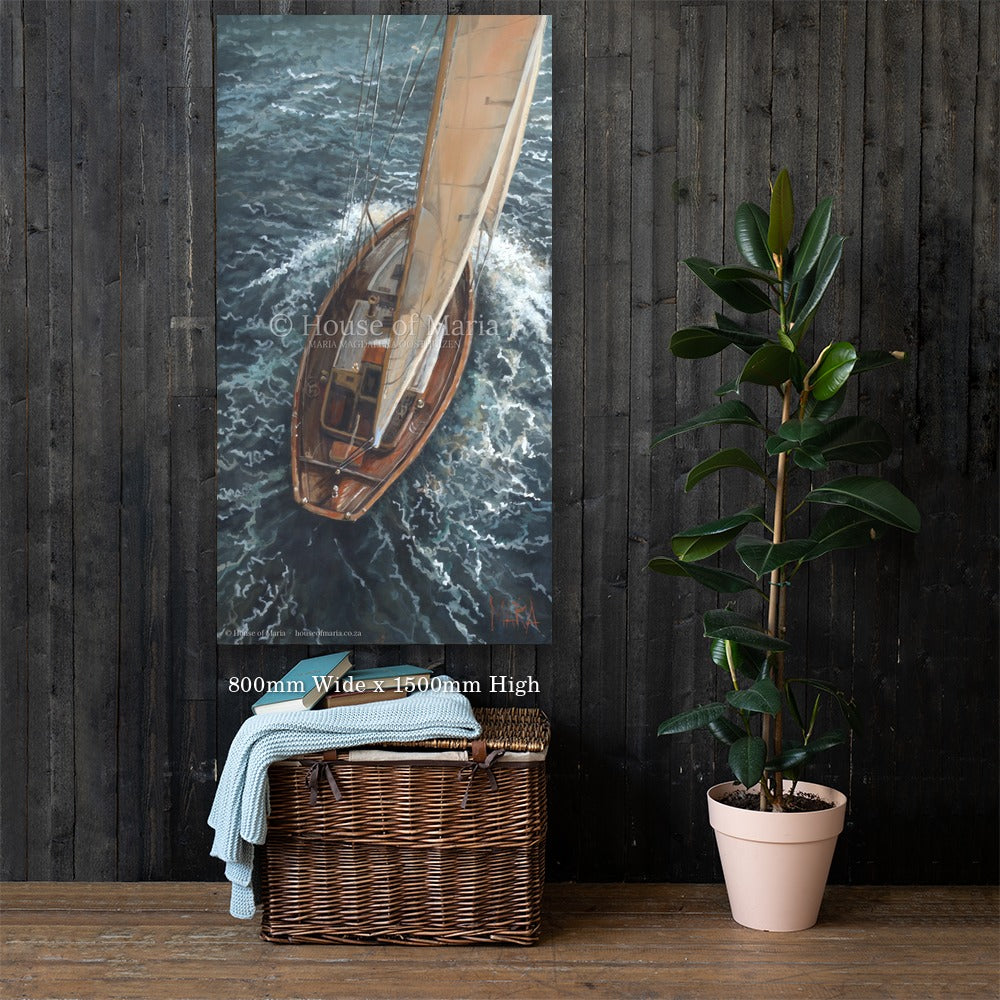 Oceans of Grace — a wooden sailboat under full sail seen from above by Maria Magdalena Oosthuizen, 800 x 1500mm original shown on a dark wood wall | original art for the home | House of Maria