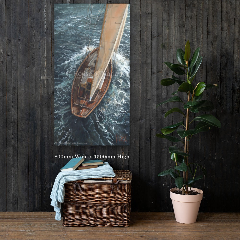 Oceans of Grace — a wooden sailboat under full sail seen from above by Maria Magdalena Oosthuizen, 800 x 1500mm canvas print on a dark wood wall | canvas print wall art | House of Maria