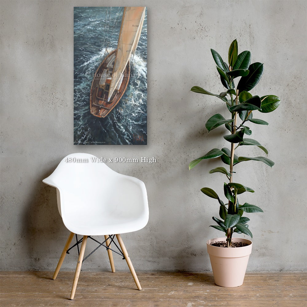 Oceans of Grace — a wooden sailboat under full sail seen from above by Maria Magdalena Oosthuizen, 480 x 900mm canvas print on a grey wall | canvas print wall art | House of Maria