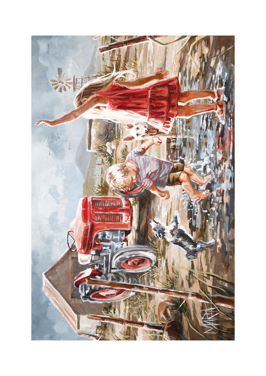 Twee Brakke en 'n Trekker A3 print of a boy and girl playing with two dogs and a red tractor on the farm