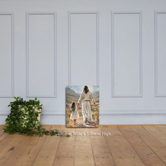 The Way Home — 400 x 500mm canvas print on a white wall, Jesus and a little girl walking home by Maria Magdalena Oosthuizen | faith canvas art | House of Maria
