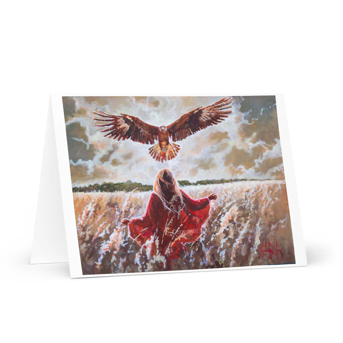 Rising Above the Serpent — greeting card with a woman in red in a field and an eagle rising above her by Maria Magdalena Oosthuizen | faith greeting card | House of Maria