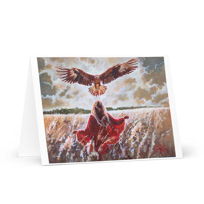 Rising Above the Serpent — greeting card with a woman in red in a field and an eagle rising above her by Maria Magdalena Oosthuizen | faith greeting card | House of Maria