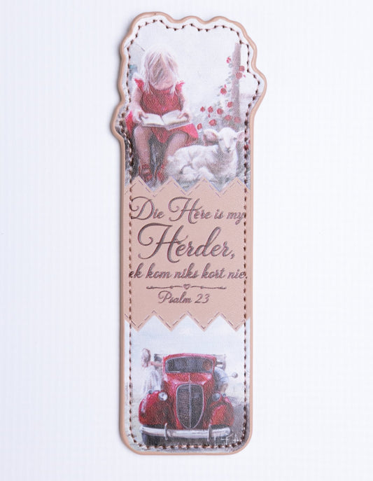Once Upon a Lamb & Oppi Trokkie — leather-look bookmark with Die Here is my Herder by Maria Magdalena Oosthuizen | Scripture bookmark | House of Maria
