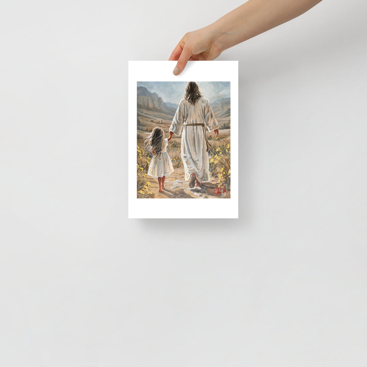 The Way Home — Jesus walking hand in hand with a little girl through a golden valley by Maria Magdalena Oosthuizen | A4 fine art paper print | House of Maria