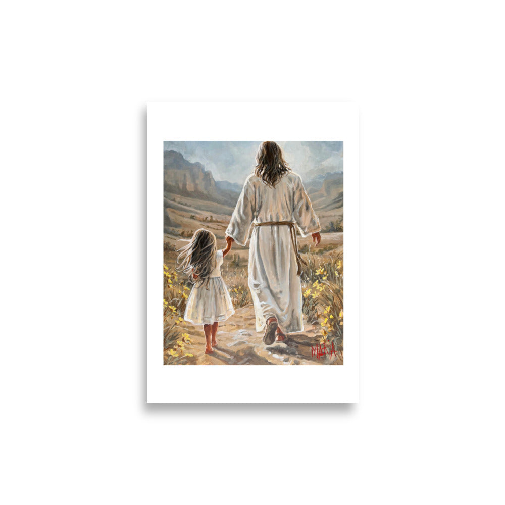 The Way Home — Christian art print of Jesus and a child on a path with yellow wildflowers by Maria Magdalena Oosthuizen | Woman Worthy 2026 artwork | House of Maria