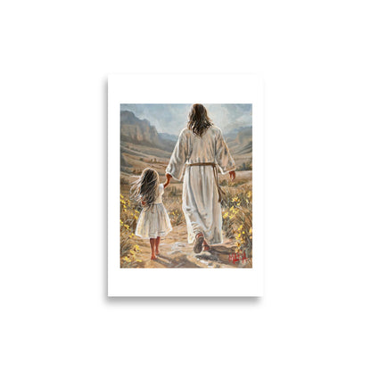 The Way Home — Christian art print of Jesus and a child on a path with yellow wildflowers by Maria Magdalena Oosthuizen | Woman Worthy 2026 artwork | House of Maria