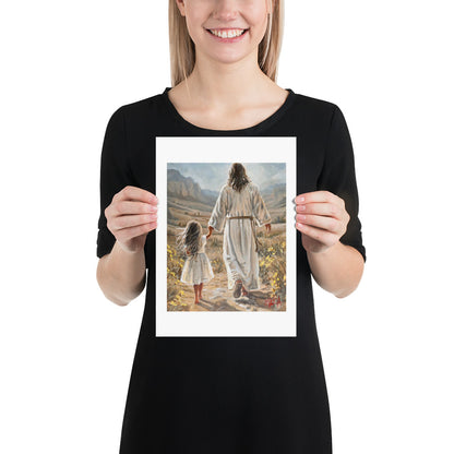 The Way Home — woman holding the A4 print of Jesus leading a little girl home by Maria Magdalena Oosthuizen | South African faith art | House of Maria