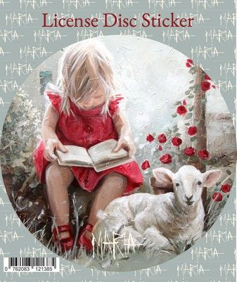 Once Upon a Lamb — license disc sticker of a girl reading beside a lamb by Maria Magdalena Oosthuizen | car license disc art | House of Maria