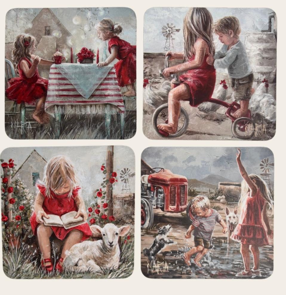 Classic Set — four coasters with a tea party, Taxi, a lamb and a red tractor by Maria Magdalena Oosthuizen | art coaster set | House of Maria