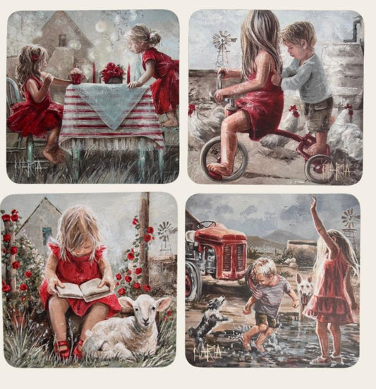 Classic Set — four coasters with a tea party, Taxi, a lamb and a red tractor by Maria Magdalena Oosthuizen | art coaster set | House of Maria