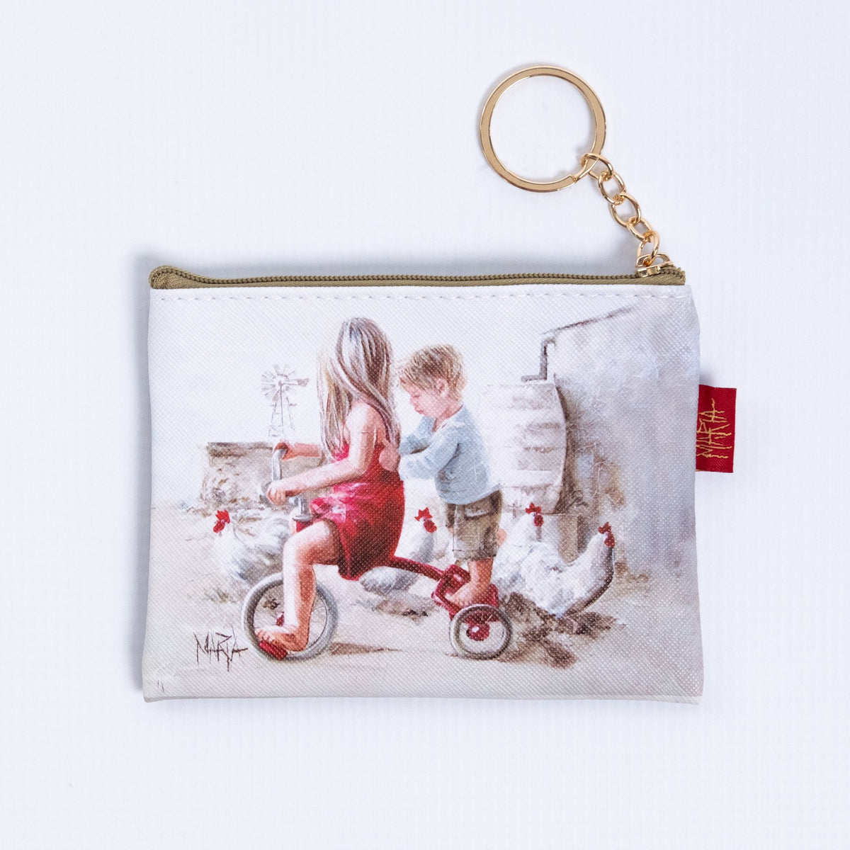 Taxi — zip coin purse with a girl on a red tricycle and her brother by Maria Magdalena Oosthuizen | art coin purse gift | House of Maria
