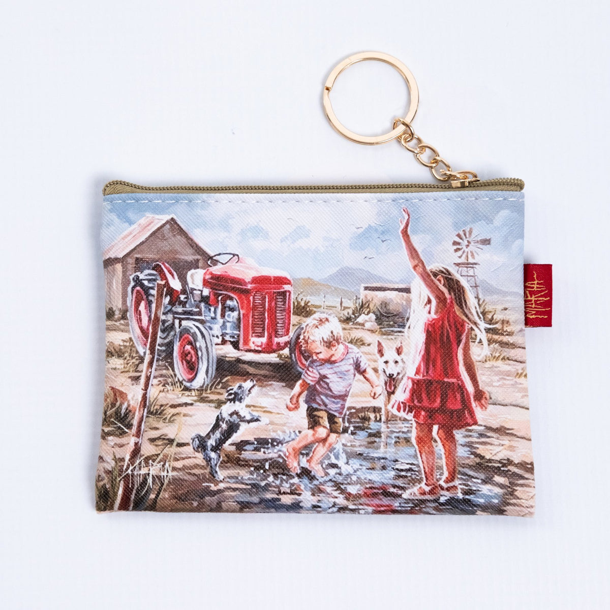 Twee Brakke en 'n Trekker — zip coin purse with children, dogs and a red tractor by Maria Magdalena Oosthuizen | art coin purse gift | House of Maria