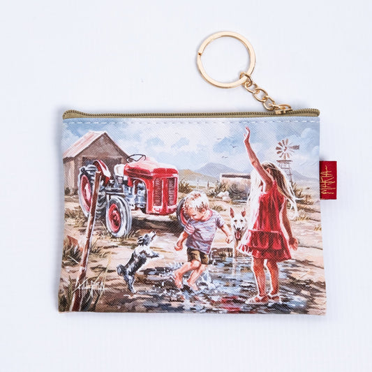 Twee Brakke en 'n Trekker — zip coin purse with children, dogs and a red tractor by Maria Magdalena Oosthuizen | art coin purse gift | House of Maria