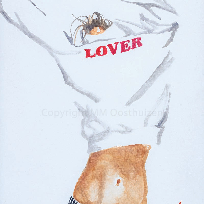 Original artwork "Just As I Am" by Maria Oosthuizen depicts a woman pulling a white long-sleeved shirt over her head, hiding her face. The shirt has the word "LOVER" printed in bold crimson letters. She wears black and white striped bikini bottoms. The painting contrasts soft skin tones with graphic stripes, symbolizing vulnerability and surrender.