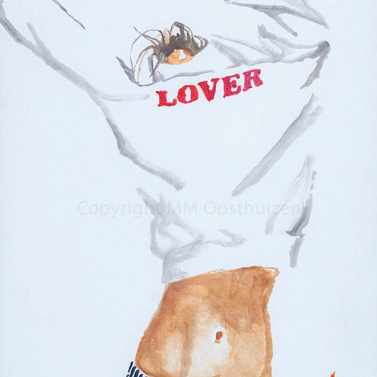 Original artwork "Just As I Am" by Maria Oosthuizen depicts a woman pulling a white long-sleeved shirt over her head, hiding her face. The shirt has the word "LOVER" printed in bold crimson letters. She wears black and white striped bikini bottoms. The painting contrasts soft skin tones with graphic stripes, symbolizing vulnerability and surrender.