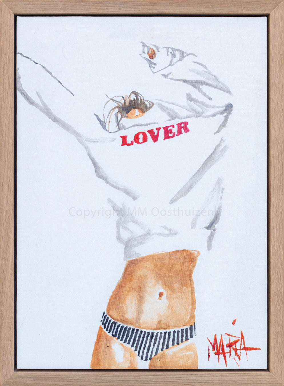Original artwork "Just As I Am" by Maria Oosthuizen depicts a woman pulling a white long-sleeved shirt over her head, hiding her face. The shirt has the word "LOVER" printed in bold crimson letters. She wears black and white striped bikini bottoms. The painting contrasts soft skin tones with graphic stripes, symbolizing vulnerability and surrender. Teak framed
