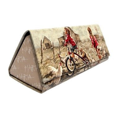 Taxi — triangular glasses case with children on a red tricycle by Maria Magdalena Oosthuizen | art glasses case | House of Maria